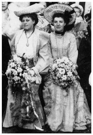 Elizabeth Meakin and bridesmaid in their dresses.