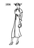 Fashion history line drawing of stylish smart dress 1936.