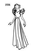 1936 Full length evening dress with ruffled sleeves in Ginger Rogers style.