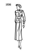 Fashion history line drawing of stylish smart dress 1936.