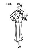 Fashion history line drawing of stylish smart suit 1936.