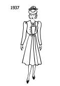 Fashion history line drawing of stylish smart dress 1937.