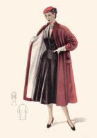 1955 Red Contrast Lined Coat With Shoulder Tucks