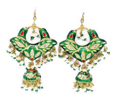 Lac jewellery earrings with green and red enamel.