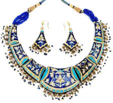 Blue toned Indian fashion jewellery necklace and earrings from Venkatraman Jewels of Jaipur India. 