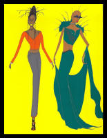 Fashion drawing of two women.