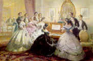 Picture of ladies around the piano and wearing full crinolines.