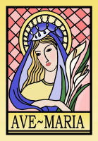 Madonna and lilies line drawing picture with colour added.