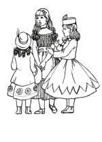 Three young girls in fashions of 1870