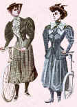Drawing of two lady cyclists in typical cycling dress costume.  Fashion history.