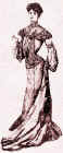Fashion history picture of Edwardian lady wearing typical sweeping dress of early Edwardian era.