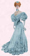 Drawing of a lady in an evening gown. Edwardian costume and fashion history.