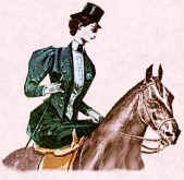 Picture of lady horse rider. Fashion history of sports wear.