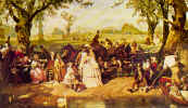 Painting showing a park scene in Victorian era. Fashion history.