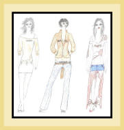 fashion sketch of 3 women in mixed outfits.