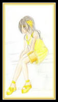 Fashion drawing of a woman in yellow short dress.