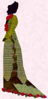 1880 Fashion history and costume history picture of fashion costume fabric collage.