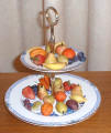 Marzipan fruits on a 2 tiered cake stand.