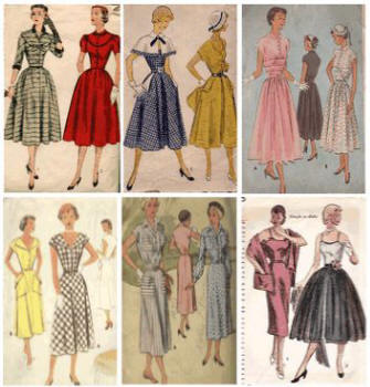 6 pattern covers of typicals 1950s fashion sewing patterns.