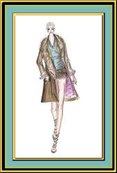 Fashion sketch by Mira of woman in a coat with coloured mauve lining.