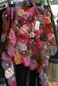 Suffolk puff patchwork silk triangular shawl and matching puffs handbag 