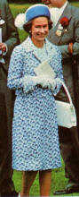 The Queen in blue patterned coat.