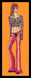Fashion drawing of woman in bell bottom red hipster trousers and cropped top by Jomana.