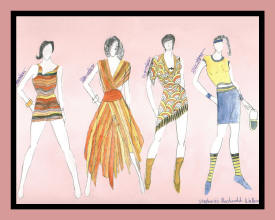 Fashion sketch of 4 women in various outfits.