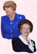 1980s Fashion history - Headshot of Margaret Thatcher in her trademark royal blue tailored suit and also a black suit with white collar.