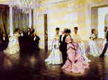 Painting of tiered frill bustle dresses - Fashion history.