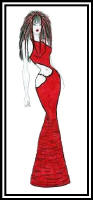 Fashion drawing of woman in a halter neck red evening dress with cut out midriff section.