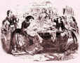 Picture of a drawing of young women bent over sewing. Fashion history.