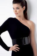 River Island Clothing Co. Ltd, Black Knitted One Shoulder Dress �34.99/�58.50 and Patent Elastic Belt �19.99/�33.50.