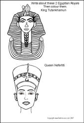 King Tut and Queen Nefertiti - Ancient Egyptian King and Queen - Colouring-in Picture Line Drawing Head and Mask.