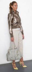 River Island Clothing Co. Ltd, Metallic Leather Bomber �120/�201.50,  Roll Up Pants �32.99/�55.50, Lemon T-Bar Sandals �49.99/�84, Grey Leather Handbag �100/�168.