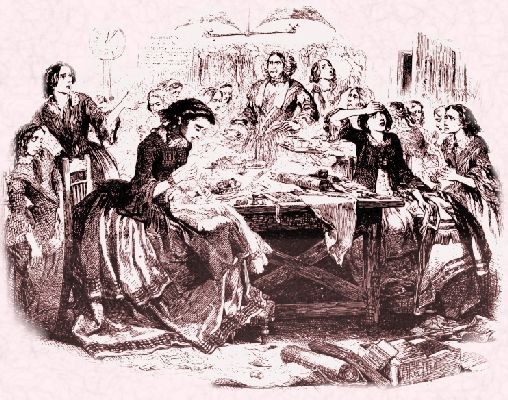 Picture of a drawing of young women bent over sewing Fashion history