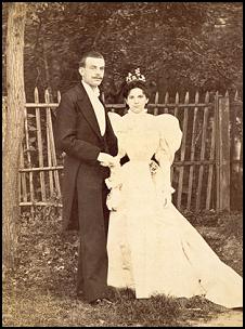 Alfred and Estelle Van Cleef on their wedding day in 1906.   Estelle wears a fashionable bridal gown of the day and sports full leg of mutton sleeves which reached peak volume in 1895/6.