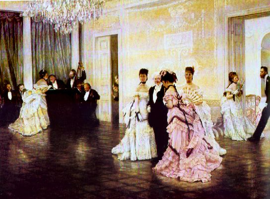 Painting of tiered frill bustle dresses Fashion history