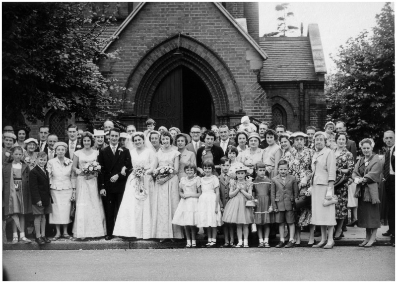  Late 1950s Bride with Bridesmaids and Full Church Wedding Group 1958