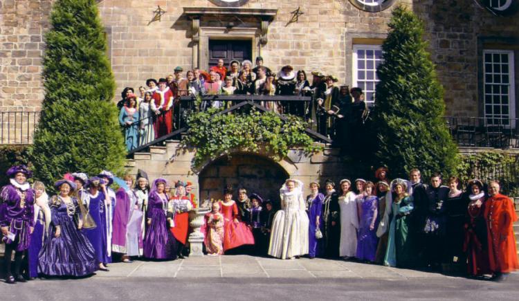 The Themed Costume Wedding Group Picture of Ceri and Simon in Castle Style