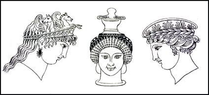 Typical Greek hairstyles and headdresses for women and taken from Hope's Book of Antiquities.