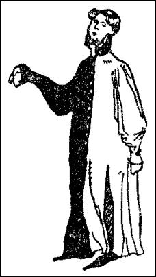 Loose houppelande, one half of which is blue and the other half black.