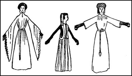 A houppelande with wide, hanging sleeves all cut at the edge.