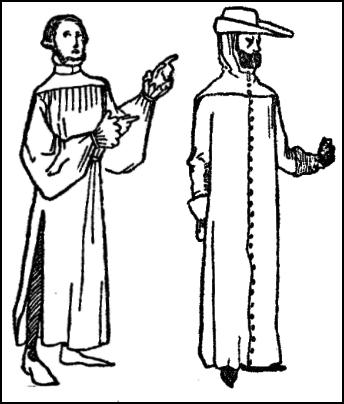 A houppelande of middle length, with a very high collar buttoned up the neck. Unbound houppelande - that is, no belt. 