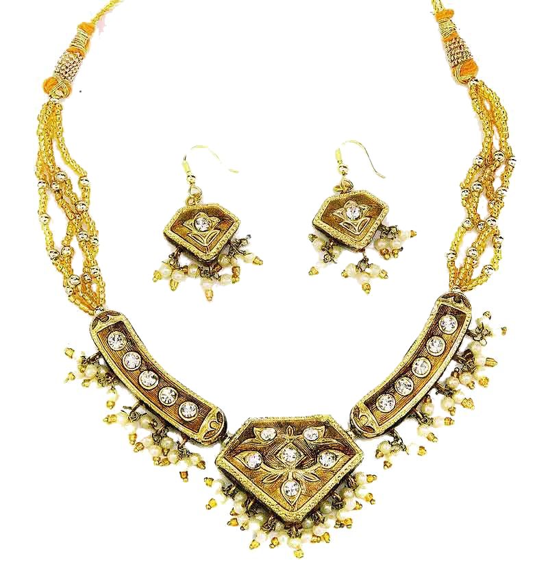 Gold toned beautiful Indian fashion jewellery necklace and earrings ...