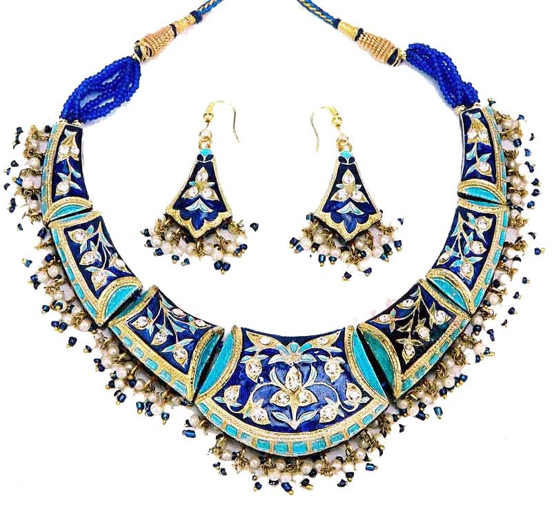 Blue toned Indian fashion jewellery necklace and earrings from ...
