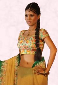 Navel Revealing Yellow and Green Choli and Sari.