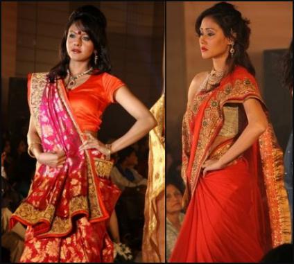 Vibrant Fashion Week Red and Gold Indian Saris