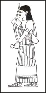 Assyrian frigned shawl wrapped around the body so that it is draped.