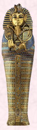 King Tut's coffin covered in rich pattern and ornamentation.